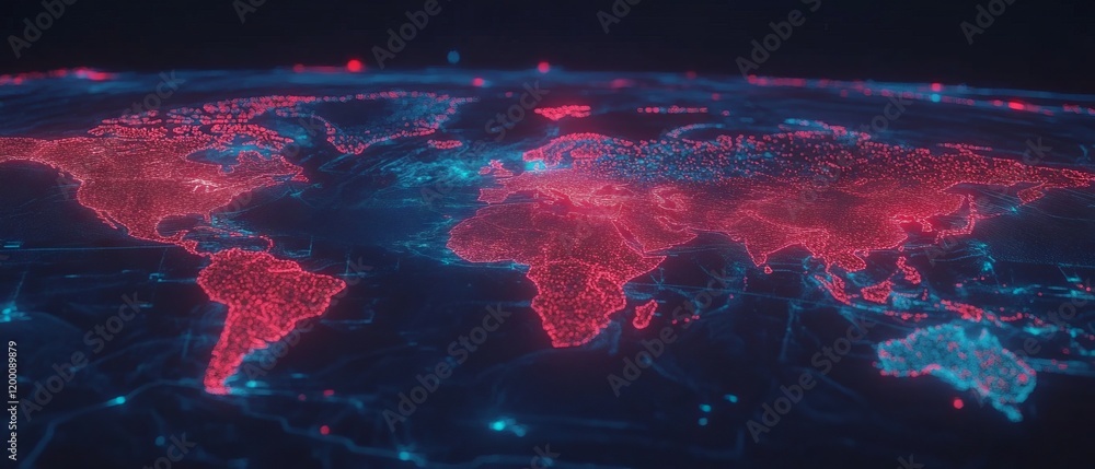 Poster Holographic map showcasing luminous lines tracing global connections in a high-tech setting