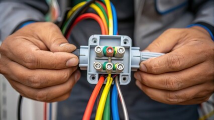 A workers hands gripping an electrical connector while preparing to wire the mixer with a focus on the intricate connection points and colorful wiring.