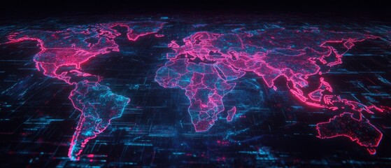 Dynamic holographic map showcasing glowing lines across continents and oceans in a futuristic setting