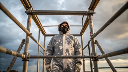 A worker painting a scaffold frame with weatherresistant coating detail on their paintsplotched clothes revealing the ongoing maintenance aspect of scaffolding.