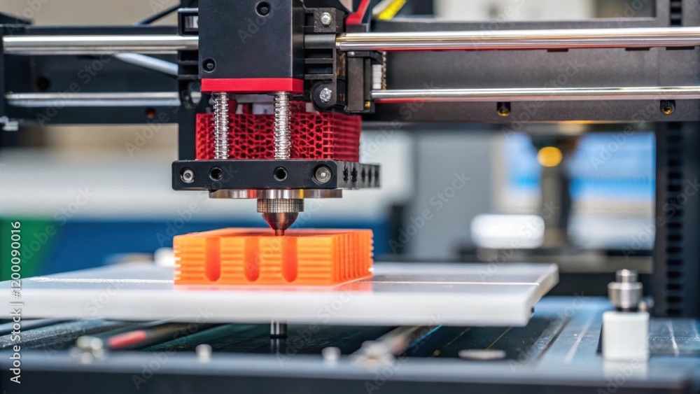 Poster Closeup of a 3D printer producing intricate parts with layers visibly building up representing innovation in manufacturing processes.