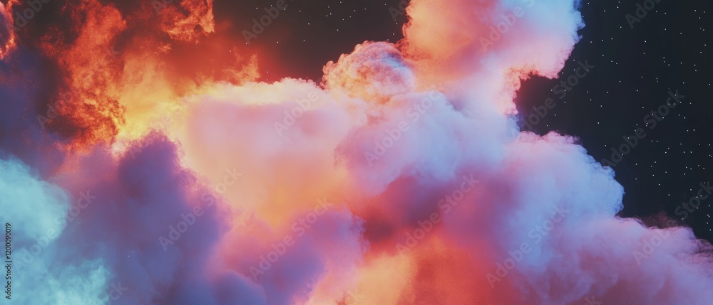 Poster vibrant holographic nebula showcasing colorful gases and cosmic elements in deep space