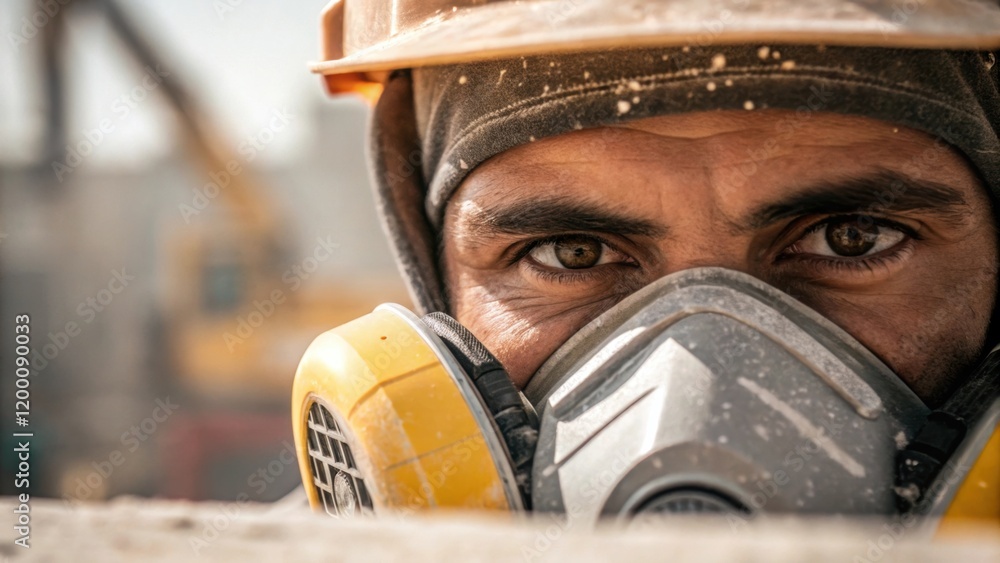 Aufkleber closeup image of a workers face partially covered by a dust mask their eyes intense as they prepare 