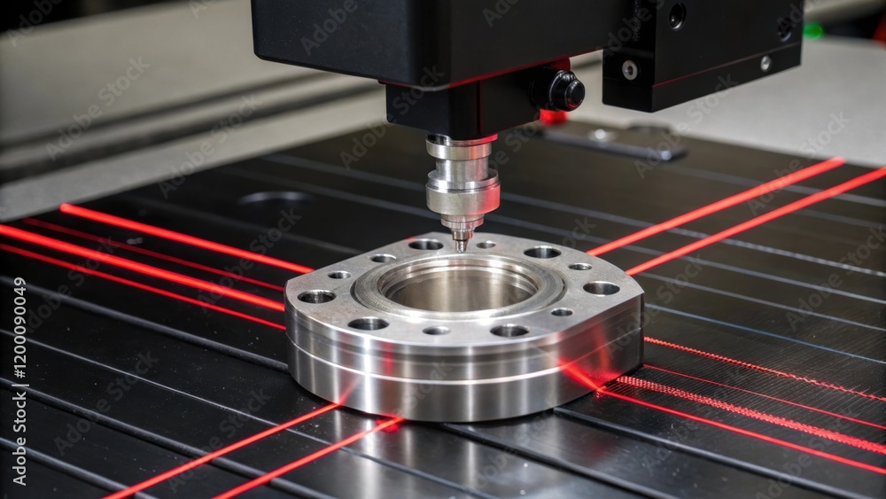 Poster Closeup of a 3D scanner capturing the dimensions of a metal component with red laser lines projecting onto its surface highlighting the technology involved.