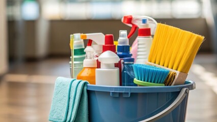 Closeup of a bucket filled with mixed cleaning solutions and brushes lined up ready for use emphasizing preparation and attention to detail.