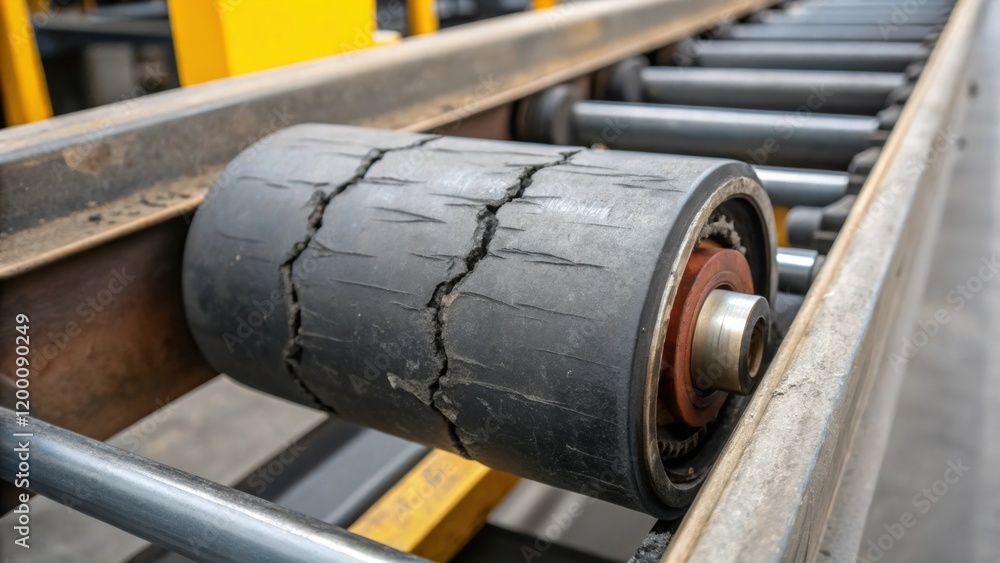 Poster closeup of a conveyor pulley system highlighting the wear and tear on the rubber surface and the met