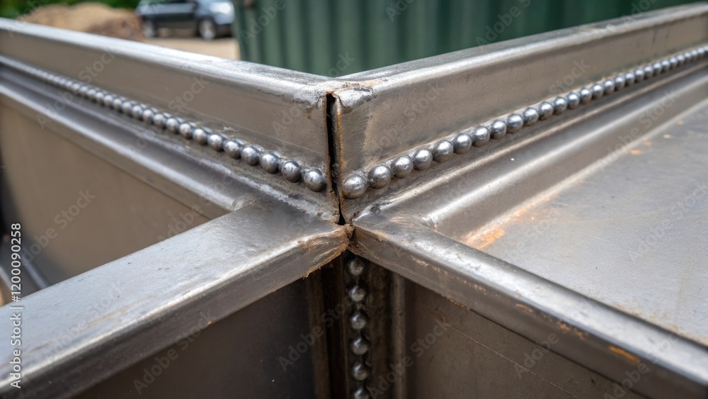 Poster closeup of a corner joint being reinforced showcasing the rugged texture of the container metal and 