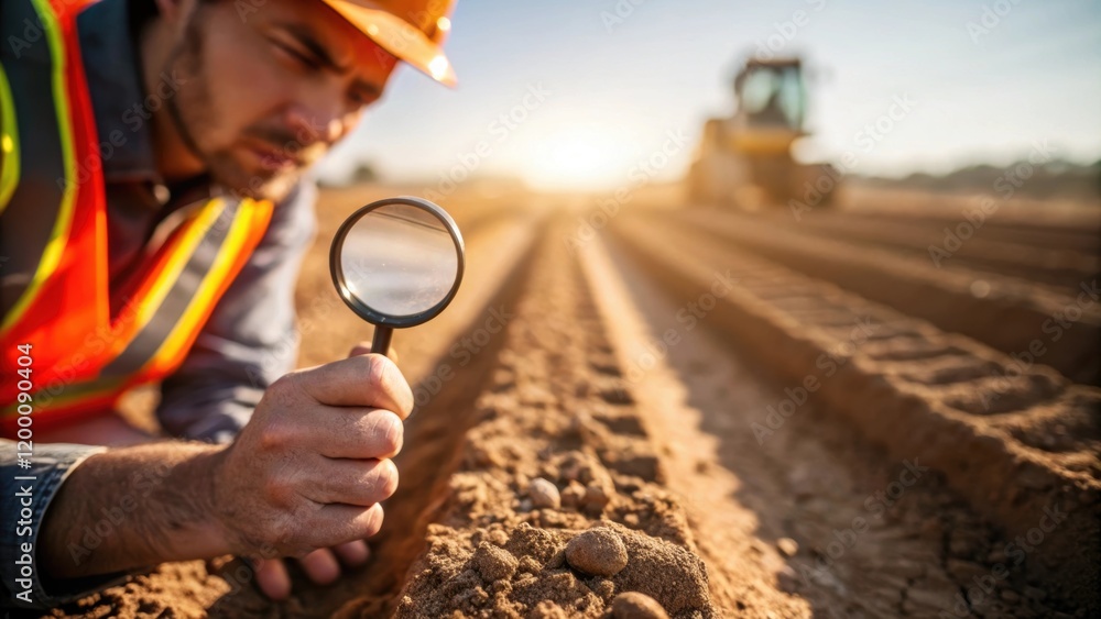 Poster closeup of a geotechnical engineer inspecting soil samples with the sunlight catching the grains as 