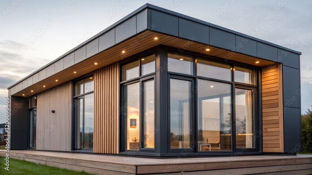 Poster Closeup of a front view of a completed module with large windows and modern cladding displaying the aesthetic appeal of prefabricated architecture.