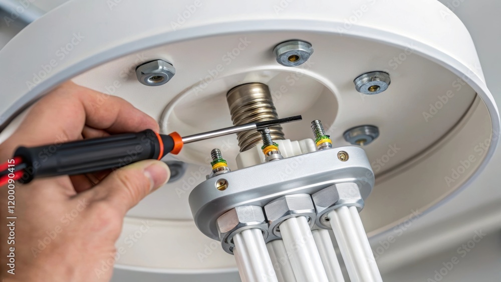 Poster closeup of a hand holding a tool tightening bolts on a sleek modern light fixture designed for energ