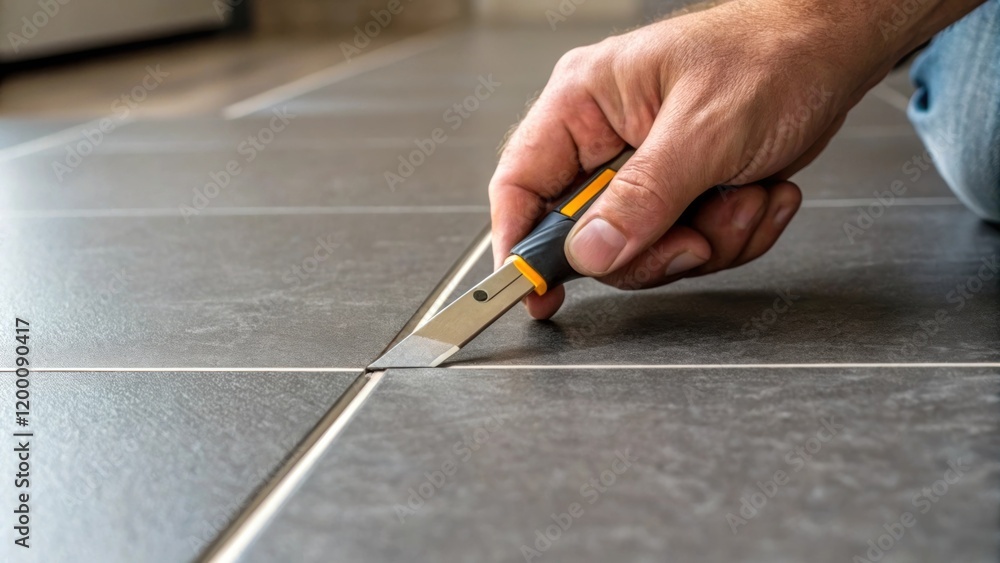 Leinwandbilder closeup of a hand gripping a utility knife poised to trim excess material from the edge of a floorin