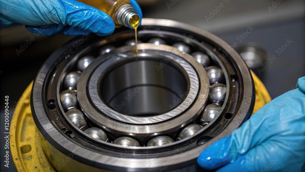 Poster closeup of a greasefilled bearing housing showcasing the precision engineering and the workers glove