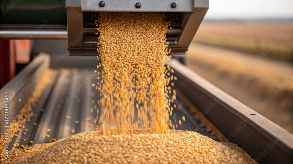 Leinwandbilder Closeup of a grain bins opening mechanism with grains flowing smoothly into the machine highlighting the efficiency and speed of harvest processes.