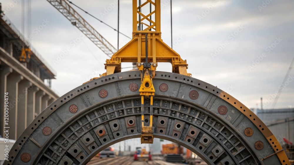 Poster Closeup of a heavyduty crane lifting a large segment of tunnel formwork showcasing the intricate balance and coordination required for precise construction operations.