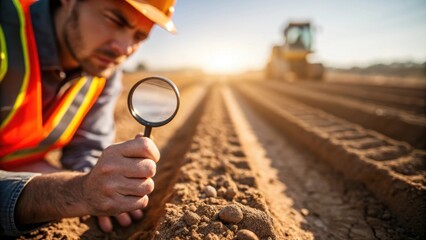 Closeup of a geotechnical engineer inspecting soil samples with the sunlight catching the grains as they assess the ground stability for track placement.