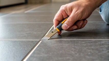 Closeup of a hand gripping a utility knife poised to trim excess material from the edge of a flooring tile sharp blade gleaming against the backdrop of the floors texture.