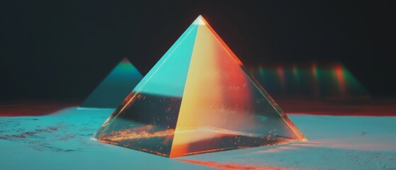 Holographic pyramid emits shimmering light in a mesmerizing display of colors and reflections