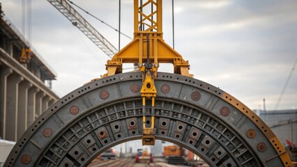 Closeup of a heavyduty crane lifting a large segment of tunnel formwork showcasing the intricate balance and coordination required for precise construction operations.