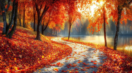 Autumn Pathway by a Serene Lake