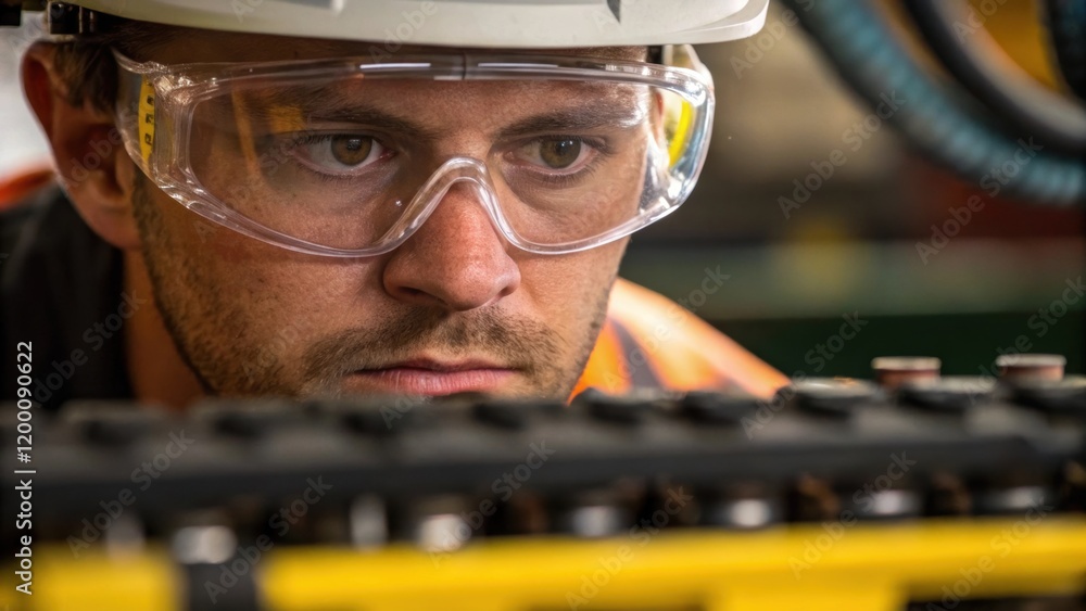 Poster Closeup of a maintenance workers face focused and wearing safety goggles as they evaluate the operational status of a sorting machine.