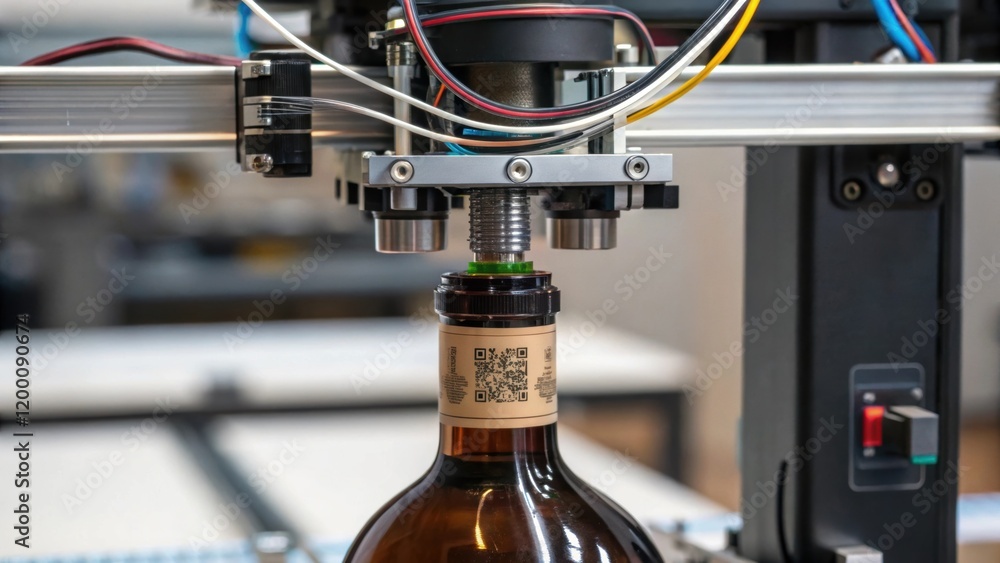 Aufkleber Closeup of a mechanical sensor detecting the presence of a bottle highlighting the intricate wiring and connections surrounding the device.