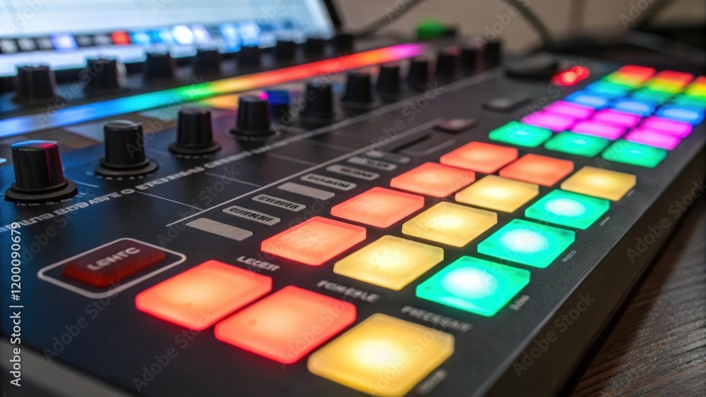 Poster Closeup of a multicolored LED light controller with illuminated buttons and switches being adjusted while reflecting the vibrant colors of the lights.