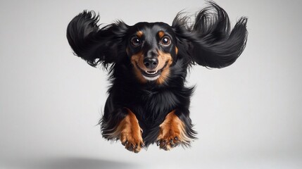 Happy longhaired dachshund mid-air jump.