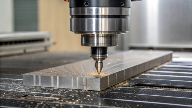 Closeup of a massive CNC router bit rotating at high speed showing the ting edge wear pattern and sharpness as it engages with a block of material.