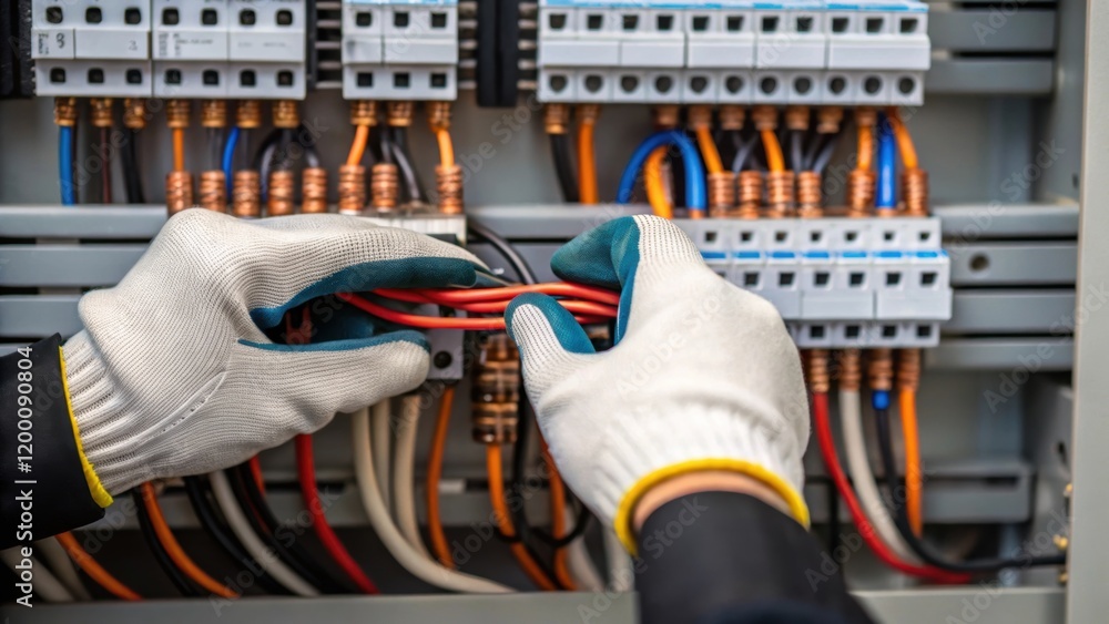 Poster Closeup of a pair of hands wearing safety gloves carefully twisting and securing copper wire connections to terminal blocks in a crowded control panel showcasing the delicate