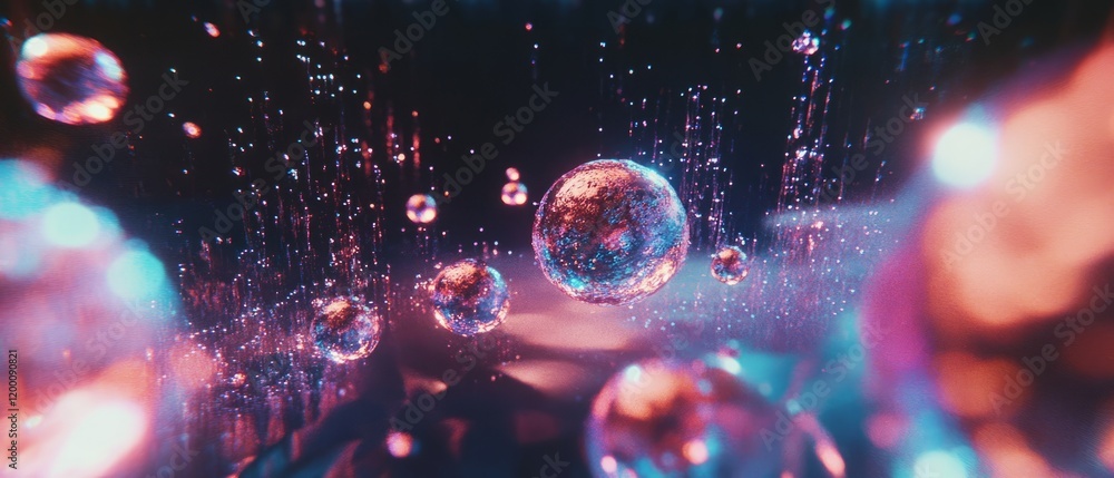 Poster holographic depiction of an immersive space environment filled with glowing planets and shimmering s