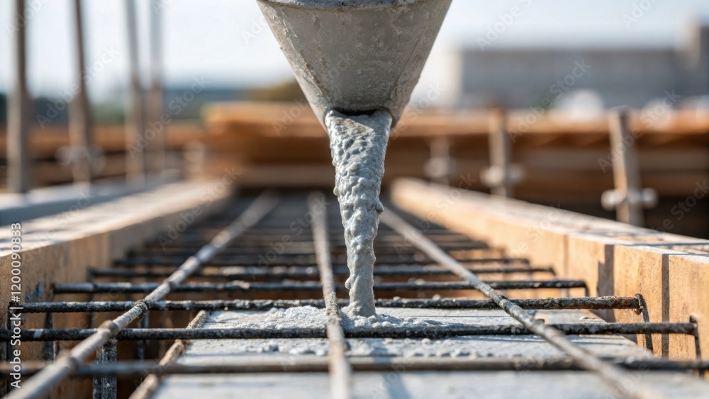 Aufkleber closeup of a pouring spout as concrete cascades smoothly onto rebar below illustrating the moment of