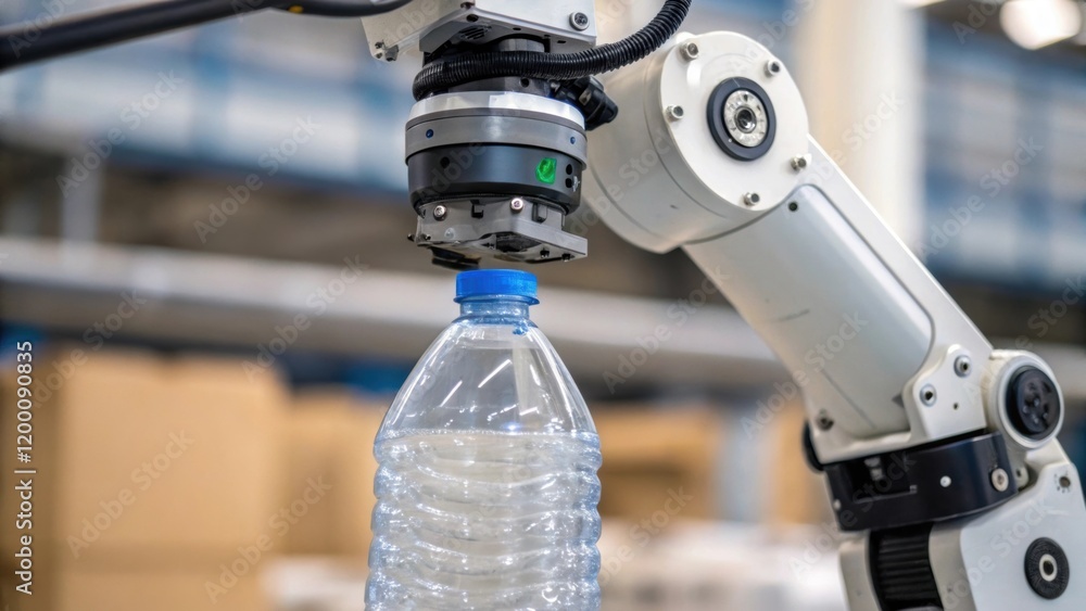 Poster Closeup of a robotic arm gripping a plastic bottle showcasing intricate sensors and mechanical joints as it prepares for sorting.