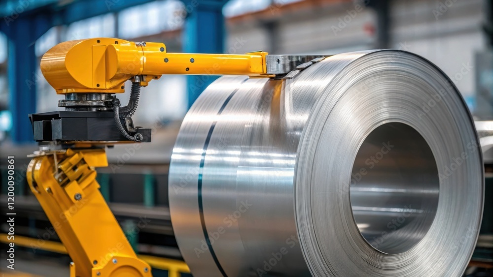 Poster closeup of a robotic arm gripping a steel coil the metallic surface reflecting the machinery around 