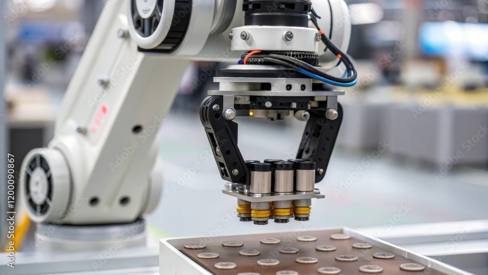 Fototapete Closeup of a robotic gripper holding a of products featuring intricate mechanical joints and sensors designed for optimal handling.