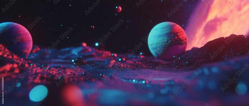 Poster exploring a holographic universe with vibrant stars and intriguing planets in cosmic harmony