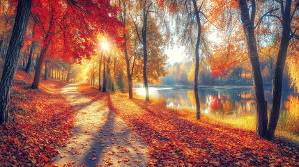 Autumnal Path by a Serene Lake