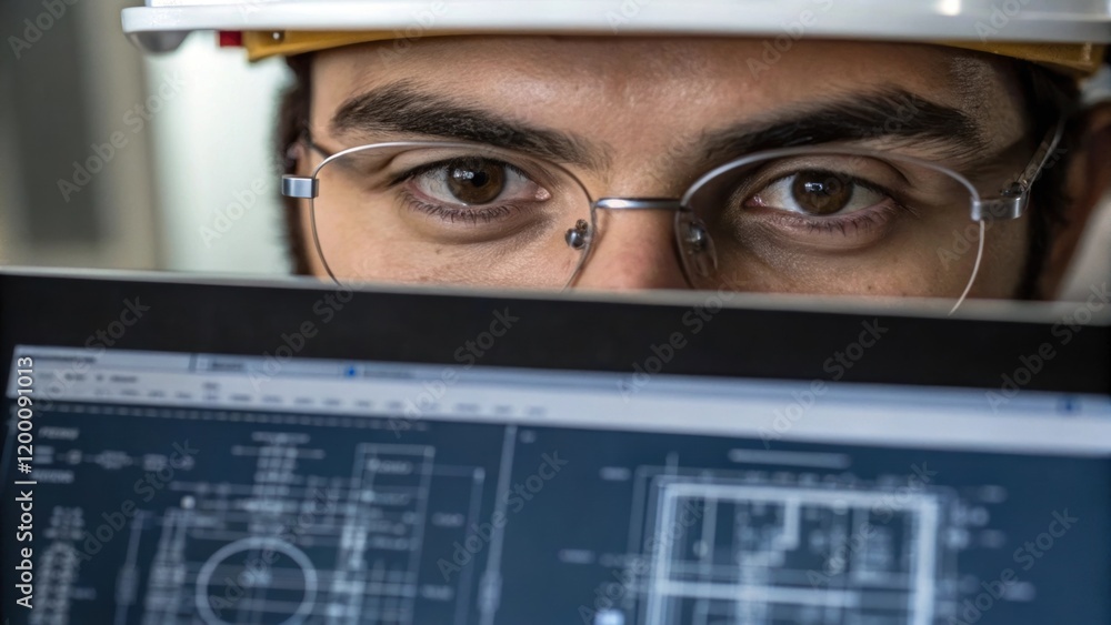 Aufkleber Closeup of a technicians eyes focused on a computer screen displaying technical blueprints with reflections of the designs visible emphasizing the importance of planning in