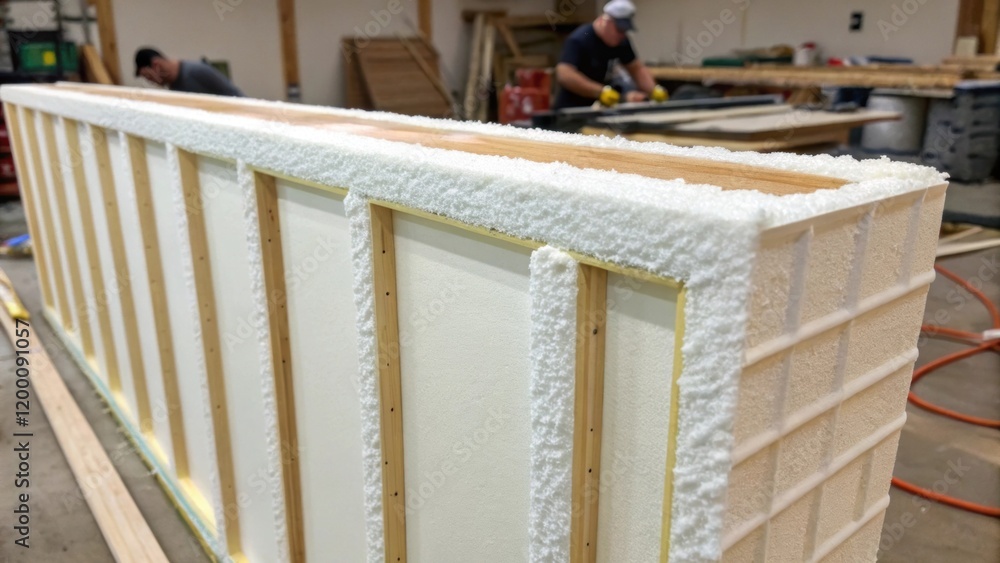 Poster closeup of a structural panel being sealed with foam insulation highlighting the meticulous attentio