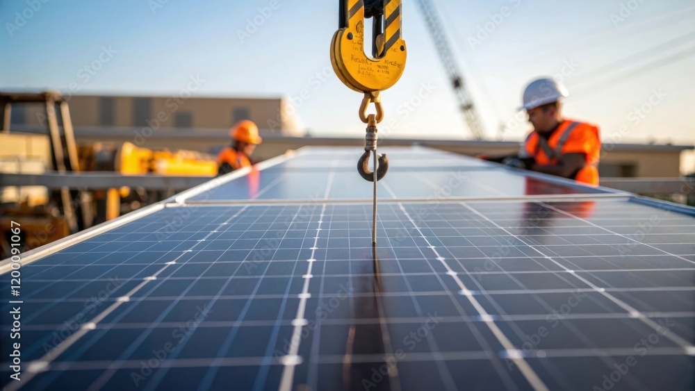 Poster Closeup of a solar panel being hoisted into position with a cranes hook visible in the frame emphasizing the scale and precision required for the installation process.