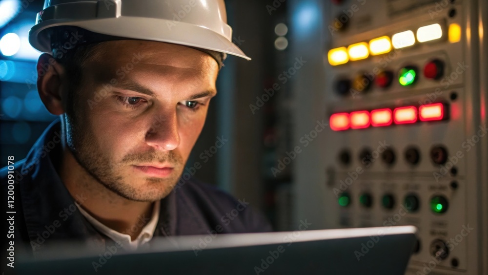 Poster closeup of a technicians face illuminated by the bright lights of the pumps control panel concentrat