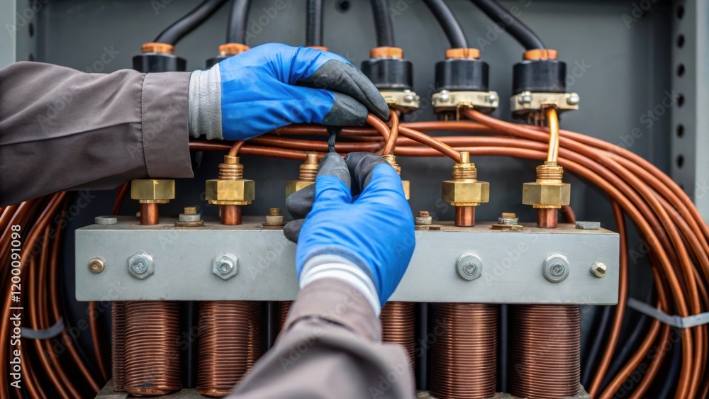 Poster closeup of a technicians gloved hands adjusting intricate connections on a power transformer with co
