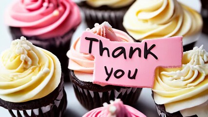 Colorful cupcakes adorned with thank you sign at a gathering celebrating appreciation