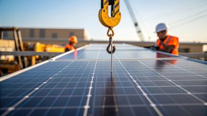 Closeup of a solar panel being hoisted into position with a cranes hook visible in the frame emphasizing the scale and precision required for the installation process.