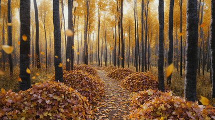 Autumnal Forest Path Covered in Falling Leaves
