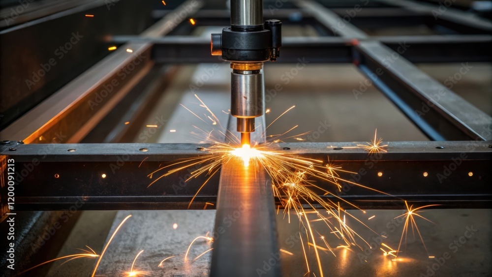Aufkleber Closeup of a welding torch in action as two prefabricated sections are being fused together with bright sparks flying illustrating the details of the assembly process.