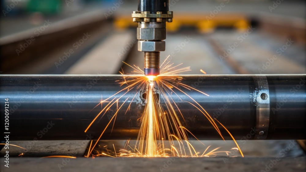 Aufkleber closeup of a welding torch in action with sparks flying near a freshly welded section of the pipelin