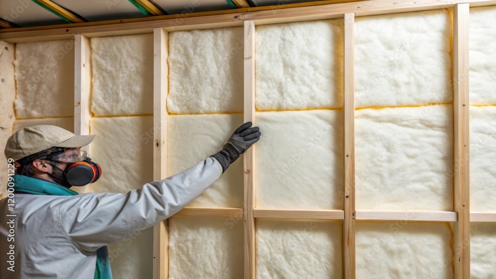 Poster closeup of a worker applying insulation to the interior walls of a modular office unit focusing on t