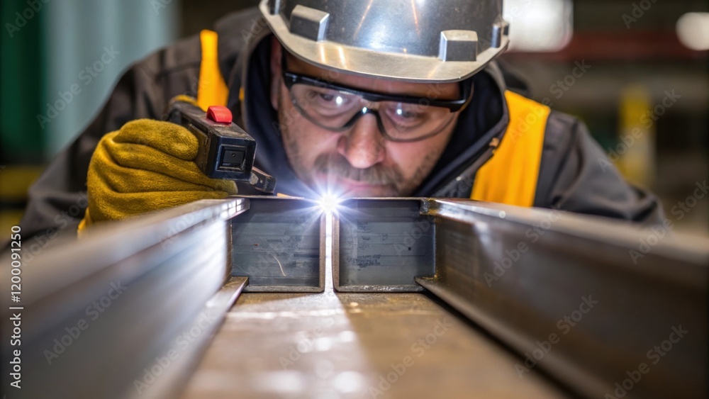 Poster Closeup of a worker inspecting a weld on a modular piece reflecting intense focus and responsibility in ensuring safety and durability.