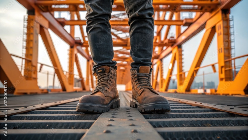 Poster closeup of a workers boots standing on a steel walkway surrounded by the massive framework of the ga