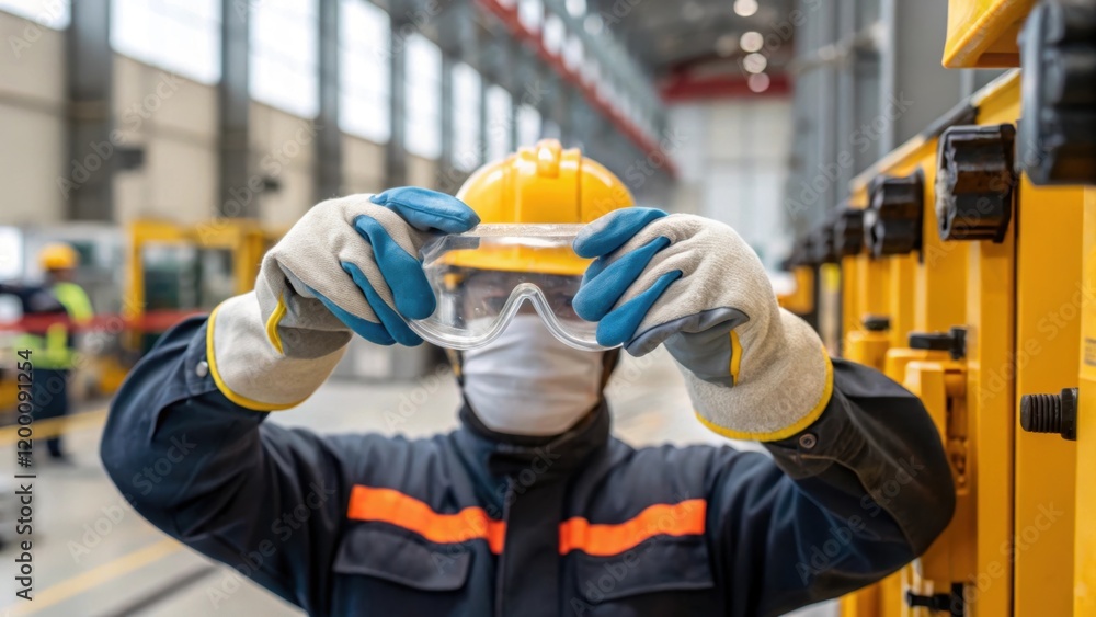 Poster closeup of a worker applying protective gear such as gloves and safety glasses emphasizing the impor